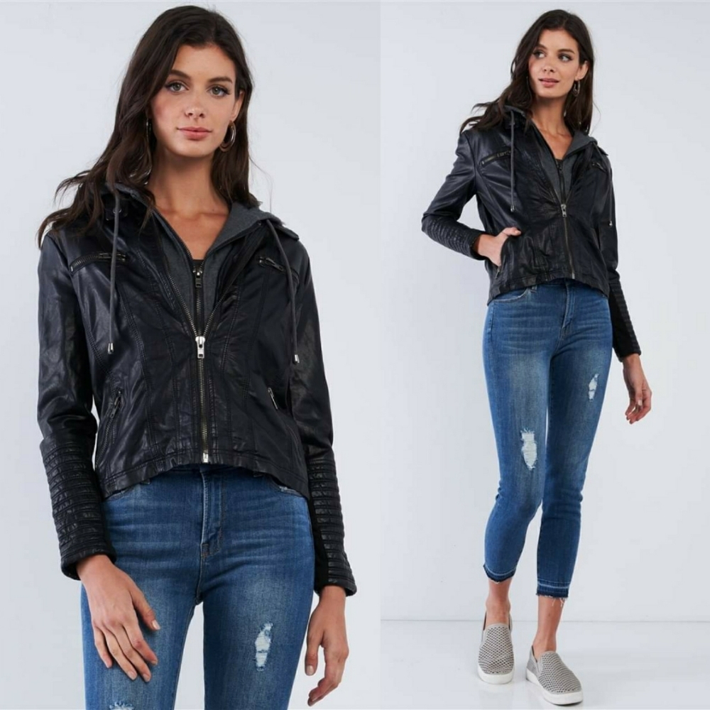 Rock & Roll Hoodie Vegan Leather Jacket (Black) - Picture 5 of 6